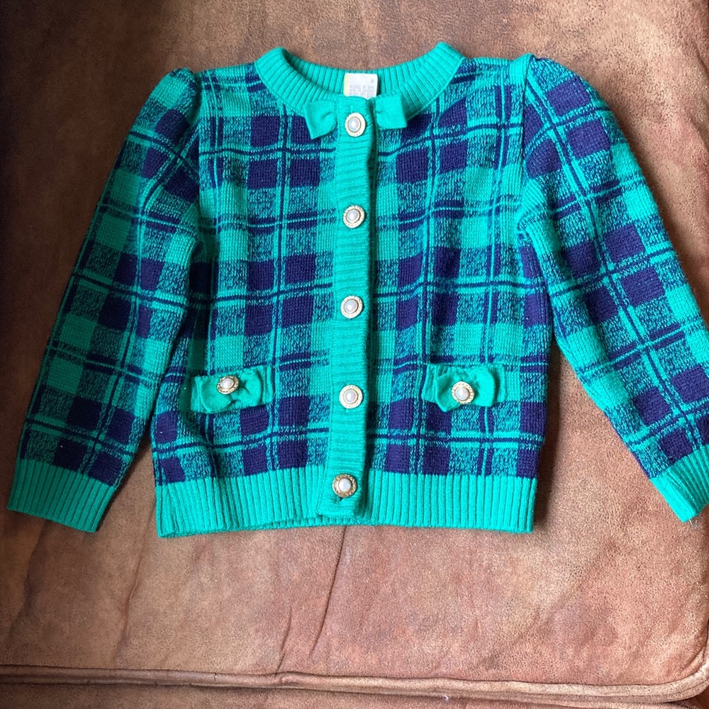 Vintage Plaid Cardigan Sweater Green and Navy Christmas Holiday